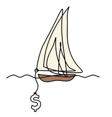 Abstract color boat with dollar as line drawing on white