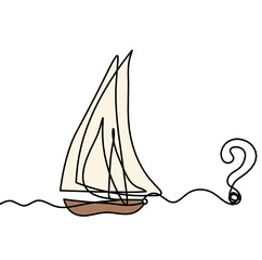 Abstract color boat with question mark as line drawing on white