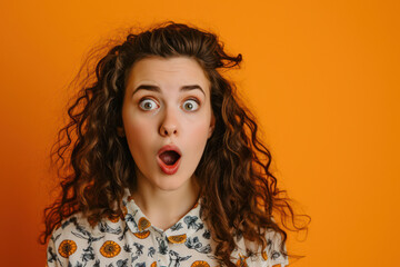 Amazed young female fashion model with curly hair and trendy style, expressing wow emotion on white background. - obrazy, fototapety, plakaty
