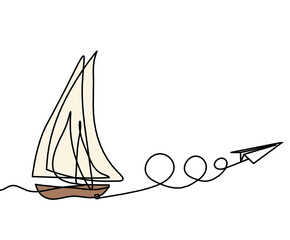Abstract color boat with paper plane as line drawing on white