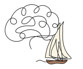 Abstract color boat with brain as line drawing on white