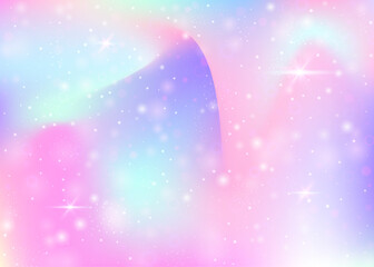 Obraz premium Fairy background with rainbow mesh. Mystical universe banner in princess colors. Fantasy gradient backdrop with hologram. Holographic fairy background with magic sparkles, stars and blurs.