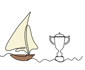 Abstract color boat with trophy as line drawing on white