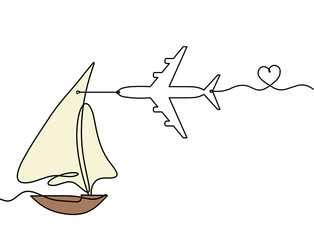 Abstract color boat with plane as line drawing on white