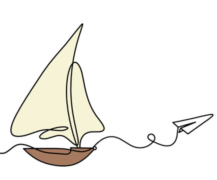 recommend clip art: Abstract color boat with paper plane as line drawing on white