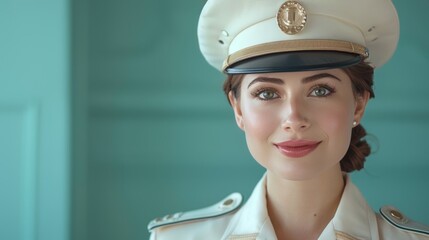 Indian woman in cruise ship staff uniform standing out against a soft pastel background