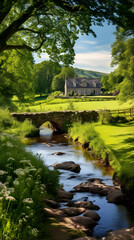 Idyllic British Countryside Scene: Rustic Cottage, Lush Fields, Antique Bridge, Rolling Hills, Tranquil Stream, and Grazing Livestock