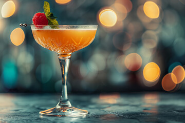 golden cocktail in a coupe glass on a granite bar - obrazy, fototapety, plakaty