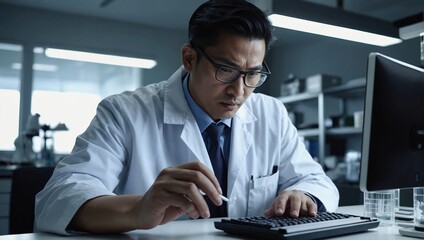 Tablet, scientist and typing on laptop in laboratory, healthcare and online research for medicine with analysis, Asian expert, computer and reading on clinical trials