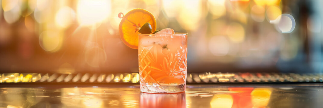 cocktail in a rocks glass with a large orange wheel for garnish 