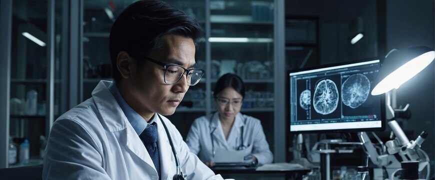 Tablet, scientist and typing on laptop in laboratory, healthcare and online research for medicine with analysis, Asian expert, computer and reading on clinical trials