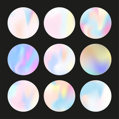 Hologram abstract backgrounds set. Holographic gradient. Pearlescent hologram backdrop. Minimalistic 90s, 80s retro style graphic template for flyer, poster, banner, mobile app.