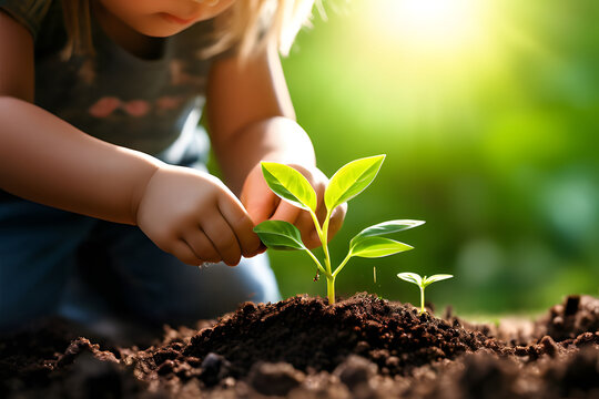 Child blonde white are planting seedlings into fertile soil, ecology, and saving the world concept. planting a seedling of a small tree with green leaves.