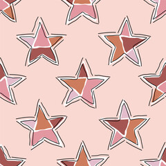 Seamless pattern of stars in patchwork style, doodle strokes and black line outline