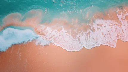 Stoff pro Meter drone shot of beach water waves, vibrant color beach top view photo, summer holiday beach advertisement photography © Shivart