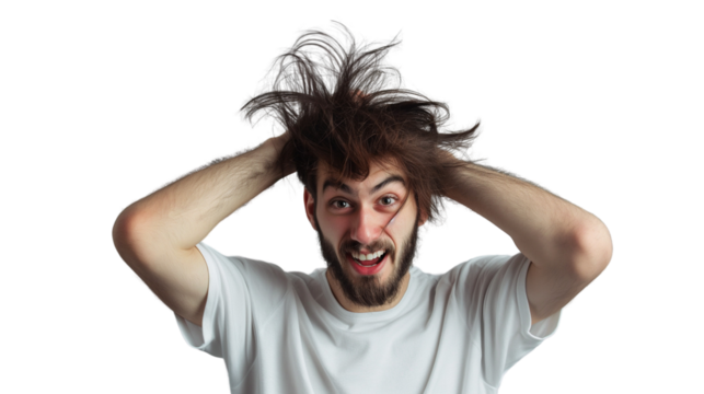 photo of a handsome guy with long hair, hands on back of head, long hair man troubled with dandruff