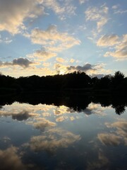 reflection of trees and sky in the lake