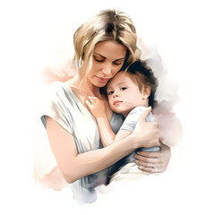 Mother and child watercolor ilustration, Illustration of mother with child, Mother's day, png background