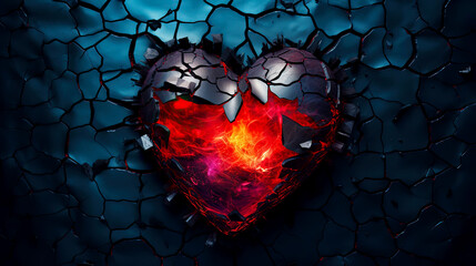 Broken heart with fiery lava inside. Flame symbol of love. Intense emotions, depicted by a heart breaking or burning. Concept of passionate love or heartbreak. Gift for Valentine's Day.