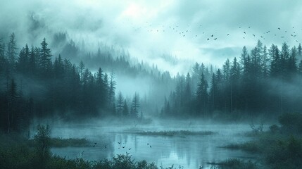 Foggy Forest With Lake in Foreground