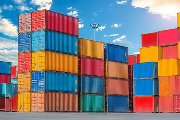 Fototapeta premium Supply Chain Hub: Cargo Containers Piled Up in Storage Area of Sea Port Terminal, Signifying Efficient Import-Export Processes