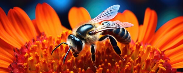 Queen bee is collecting honey from natural flowers in the mountains, banner. Generative Ai.