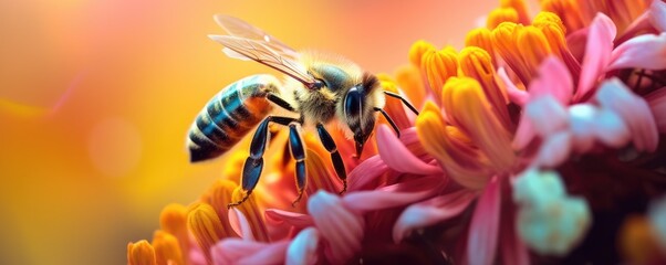 Queen bee is collecting honey from natural flowers in the mountains, banner. Generative Ai. - obrazy, fototapety, plakaty