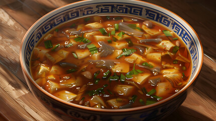 Traditional asian hot and sour soup in decorative bowl - obrazy, fototapety, plakaty
