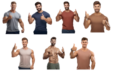 A portrait of strength and positivity: a fit man with a muscular physique gives a thumbs up, showcasing confidence and vitality on a transparent background. PNG