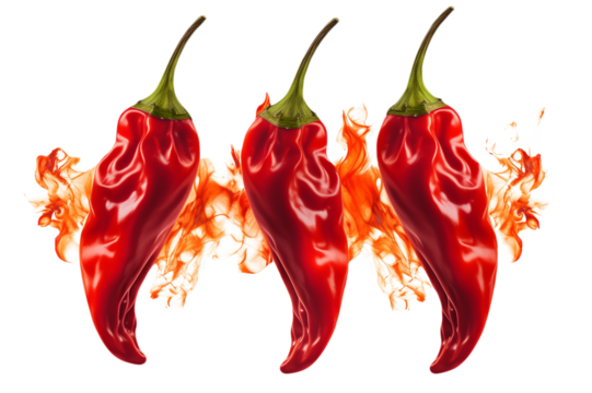 Levitation of red chili peppers in fire isolated on transparent background.