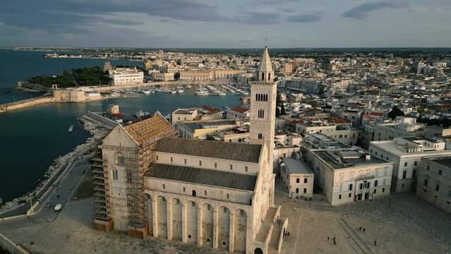 Trani - Bari - Late Afternoon Aerial View Drone Flight over the church cathedral in 4K Italy