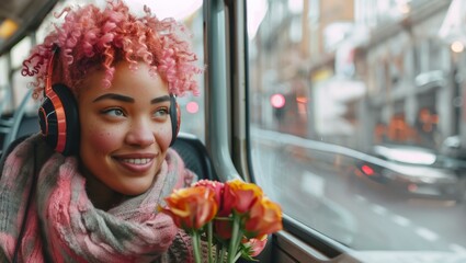 Cute African American female with pink hair holding bouquet of tulips in the bus. 