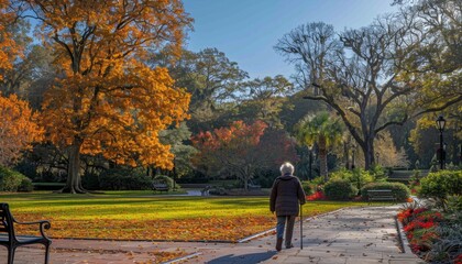Elderly lady with a cane strolling through a sunny park, surrounded by nature on a peaceful day.