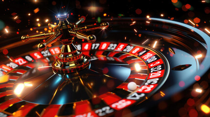 casino roulette, spinning in motion, game with a ball on numbers, gold with bokeh, blurry flying chips, red, for a banner