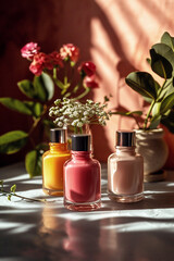Three bottles of colorful nail polish in pink and peach shades with flowers on bright sunlit background. Professional manicure concept. z