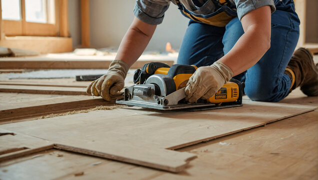 male floor carpenter hard at work putting new wooden floor in
