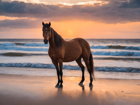 Horse on the beach at sunset. Beautiful seascape.