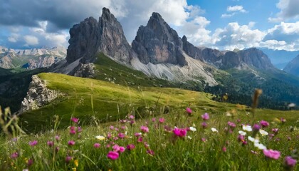 Beautiful landscape of the Dolomite Alps, meadow and mountains. Mountain meadows with flowers