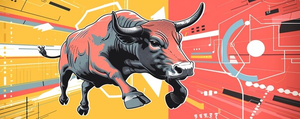 bull market news banner, raging bull with abstract elements