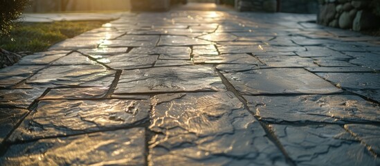 A cobblestone walkway glistens under the suns rays during a gentle rain shower, creating a striking contrast between the wet stones and the warm sunlight. - obrazy, fototapety, plakaty