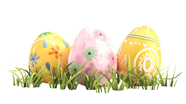 Three Decorated Easter Eggs in the Grass