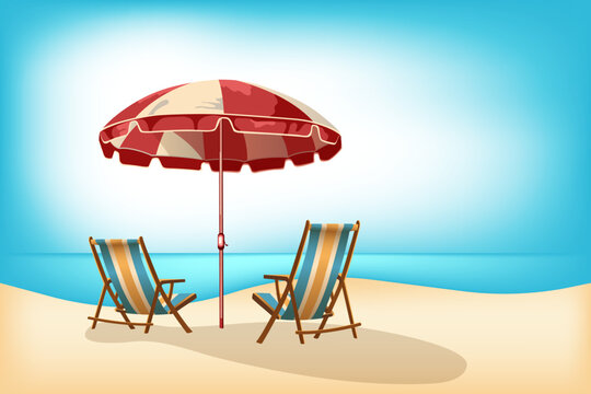 Beach chairs on the white sand, blue water, red sun umbrella vector illustration. Tranquil beach scene. Exotic tropical beach landscape. Summer vacation holiday concept. Chairs and umbrela for sunbath