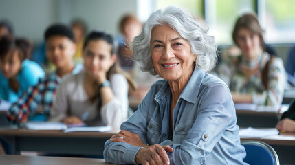 Senior smiling caucasian woman with silver hair wearing denim shirt sitting in a classroom with young students. Concept of older learners, education of elderly.