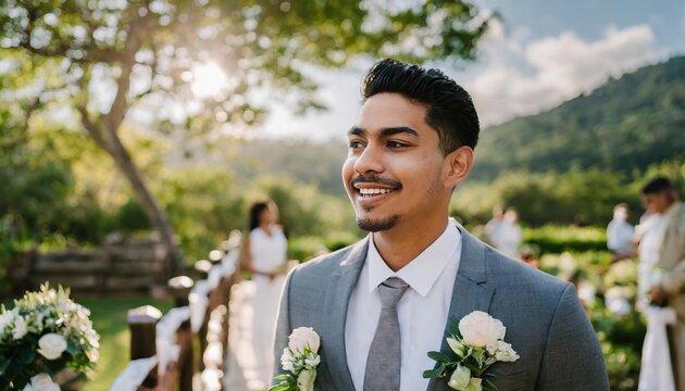 Candid photo of a joyful groom at an outdoor summer wedding, surrounded by nature. His authentic happiness shines, capturing the essence of this lifestyle milestone