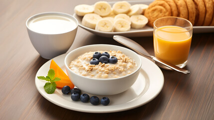 Bright Morning with Healthy and Hearty Breakfast Spread on Wooden Table