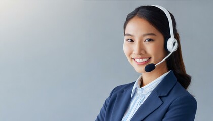 Call center, young woman and smile in contact us with CRM, headset with mic and mockup space. Customer service, happy female and telemarketing with sales and help desk. gray background, copy space