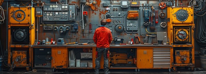 An industrial worker is retrieving his tools from a storage wall. - obrazy, fototapety, plakaty