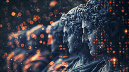 Glowing Technical Matrix Data over Greek and Roman Statues - obrazy, fototapety, plakaty