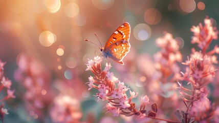 A beautiful butterfly pollinates a pink flower, Butterfly in a field of flowers, Butterfly with a blurred bokeh background - obrazy, fototapety, plakaty