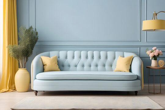 A blue pastel-coloured luxury sofa in a pastel-yellow walls living room mock-up design, A yellow pastel-coloured luxury sofa in a pastel blue walls mock-up design.